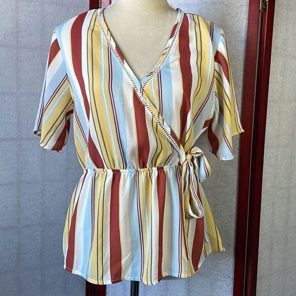 Pink Rose Retro 70s Vibe Faux Wrap Striped Peplum Blouse (Size: Large) - Picture 5 of 12
